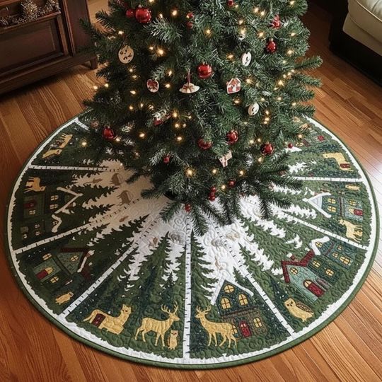 Woodland Village Christmas Tree Skirt, Green Gold Fauna Winter Scene Decor, Forest Animals Deer Owl House Xmas Tree Skirt, Rustic Gift