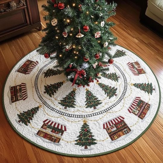 Christmas Market Shimmer Tree Skirt, Quilted Village and Train Tracks Decor, Holiday Market Stalls Xmas Tree Skirt, White & Green Gift