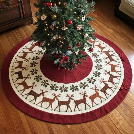 Discover Retro Reindeer Parade Christmas Tree Skirt, Red White Holly Berry Holiday Decor, Mid-Century Modern Xmas Tree Skirt, Vintage Style Gift