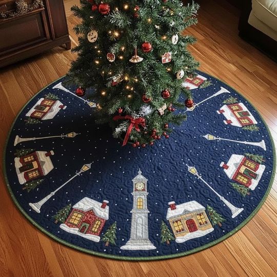 Gilded Village Main Street Christmas Tree Skirt, Snowy Town Clock Quilted Holiday Decor, Navy Blue Xmas Tree Skirt, Winter Home Gift