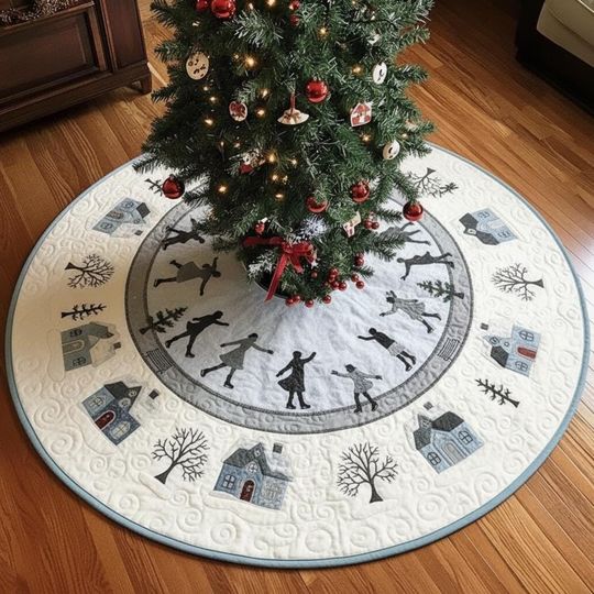 Discover Ice Skating Pond Christmas Tree Skirt, Quilted Winter Scene Holiday Decor, Gilded Village Houses Xmas Tree Skirt, Snowy Home Decor Gift