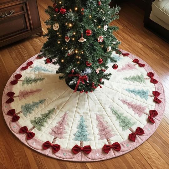 Discover Pastel Bottlebrush Tree Grove Christmas Tree Skirt, Pink Blue Green Bows Holiday Decor, Shabby Chic Xmas Tree Skirt, Soft Colors Gift Idea