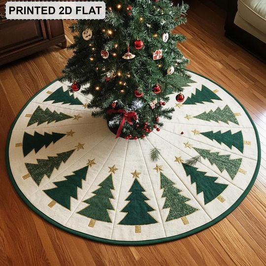 Gilded Winter Pine Forest Christmas Tree Skirt, Green Glitter Gold Stars Trees Decor, Quilted Holiday Xmas Tree Skirt, Rustic Home Gift