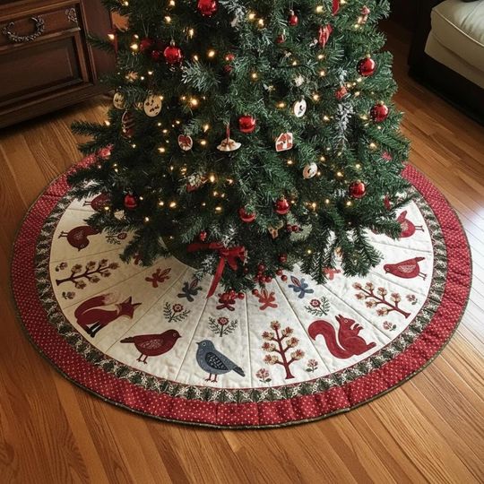 Discover Folk Art Forest Friends Christmas Tree Skirt, Winter Woodland Animals Decor, Fox Bird Squirrel Xmas Tree Skirt, Rustic Holiday Home Gift