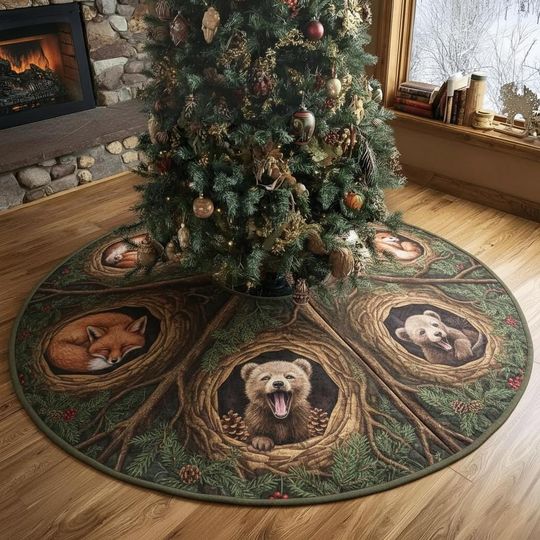 Cozy Woodland Nook Christmas Tree Skirt, Baby Bear Fox Raccoon Log Quilted Decor, Forest Animals Xmas Tree Skirt, Rustic Cabin Gift Idea