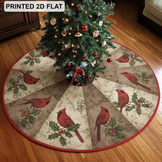 Discover Cardinal Christmas Tree Skirt, Vintage Postmark Ephemera Holiday Decor, Red Cardinal Holly Xmas Tree Skirt, Rustic Winter Home Gift