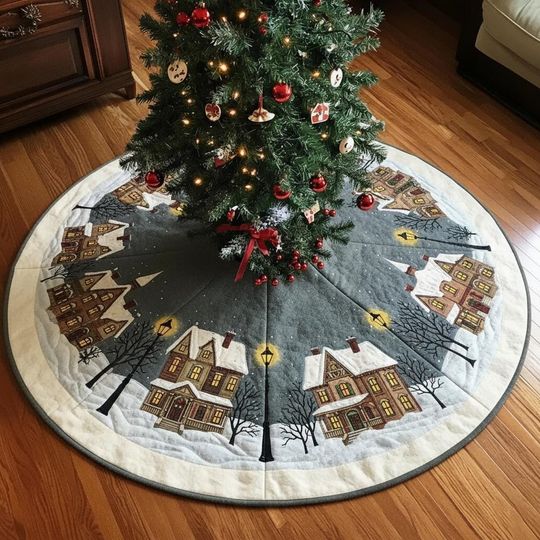 Discover Victorian Winter Village Christmas Tree Skirt, Gray Snowy Town Houses Holiday Decor, Quilted Gas Lamp Xmas Tree Skirt, Cozy Home Gift