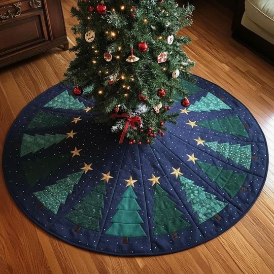 Starry Night Whimsical Trees Christmas Tree Skirt, Navy Blue Quilted Forest Stars Decor, Deep Blue Green Xmas Tree Skirt, Unique Home Gift