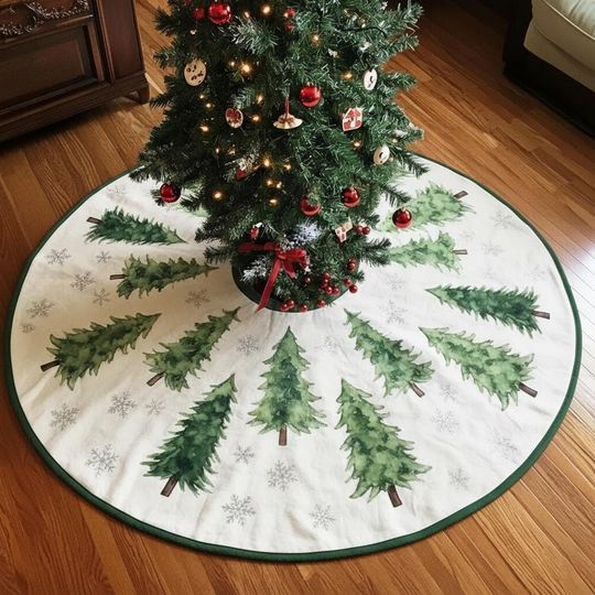 Watercolor Fir Tree Ring Christmas Tree Skirt, Green Evergreen Forest Snowflakes Decor, Printed Winter Pine Xmas Tree Skirt, Rustic Gift