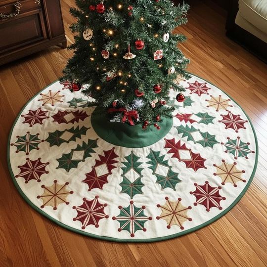 Retro Atomic Starburst Christmas Tree Skirt, Mid-Century Modern Holly Quilted Decor, Red Green Gold Xmas Tree Skirt, Vintage Inspired Gift