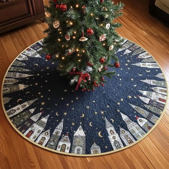 Starlit Village Rooftops Christmas Tree Skirt, Navy Blue Quilted Night Scene Decor, Tall Houses Stars Moon Xmas Tree Skirt, Holiday Gift