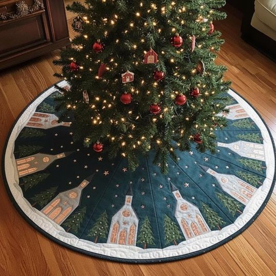 Silent Night Chapel Christmas Tree Skirt, Quilted Midnight Blue Starry Scene Holiday Decor, Church and Trees Xmas Tree Skirt, Gift Idea