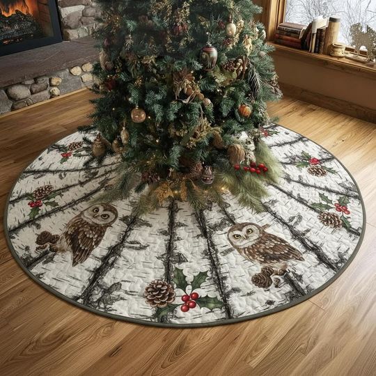 Discover Rustic Birch Bark Ring Christmas Tree Skirt, Woodland Owl Holly Pinecones Decor, Quilted Winter Scene Xmas Tree Skirt, Farmhouse Home Gift