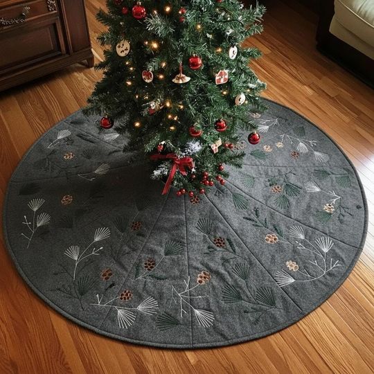 Abstract Evergreen Elements Christmas Tree Skirt, Gray Pinecones & Needles Quilted Decor, Modern Rustic Xmas Tree Skirt,Nature Inspired Gift