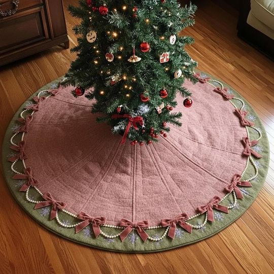 Discover Velvet Bows Pearl Garland Christmas Tree Skirt, Dusty Rose Pink Green Quilted Decor, Victorian Style Xmas Tree Skirt, Elegant Gift Idea