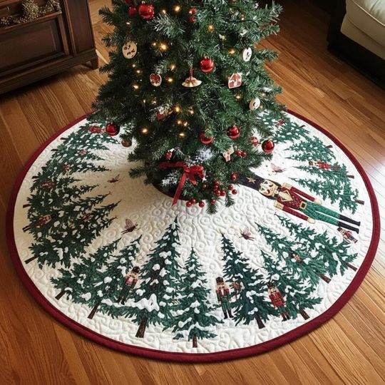 Discover Snowy Pine Forest March Tree Skirt, Nutcracker Soldier Xmas Decor, Gree White Christmas Quilt, Winter Scene Tree Skirt