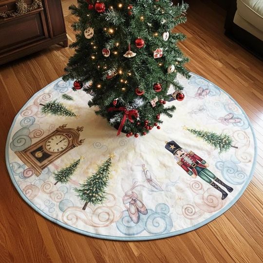 Clara's Midnight Dream Tree Skirt, Pastel Nutcracker Ballet Decor, Vintage Clock & Tree Xmas Skirt, Soft Colors Holiday Quilt