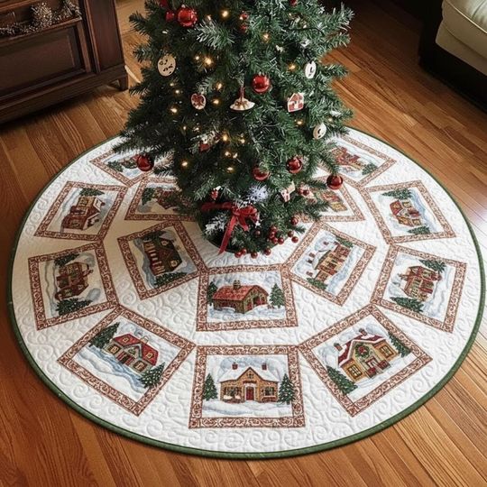 Discover Vintage Postcard Village Ring Christmas Tree Skirt, Quilted Snowy Scene Holiday Decor, Houses in Squares Xmas Tree Skirt, Home Gift Idea