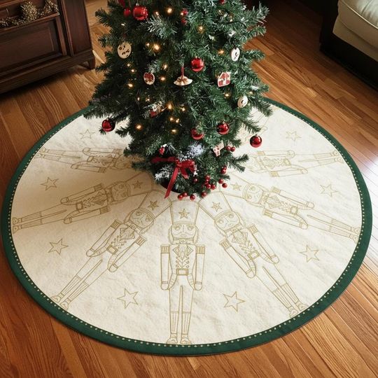 Discover Gilded Nutcracker Silhouette Tree Skirt, Cream & Gold Christmas Decoration, Classic Holiday Floor Mat, Elegant Xmas Decor