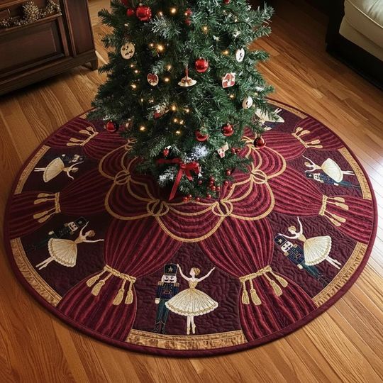 Grand Theatre Nutcracker Stage Tree Skirt, Burgundy Red Velvet Xmas Decor, Ballerina & Soldier Holiday Mat, Quilted Stage Design