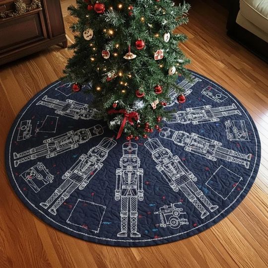 Nutcracker Inventors Sketchbook Tree Skirt, Navy Blue Christmas Blueprint Decor, White Outline Xmas Tree Skirt, Quilted Holiday Mat