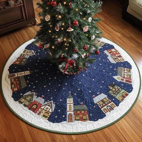 Gilded Village Christmas Tree Skirt, Quilted Navy Blue & White Xmas Town Scene, Festive Holiday Decoration, Snowy Village Skirt