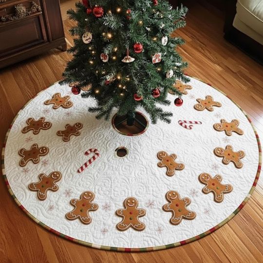 Gingerbread Candy Cane Christmas Tree Skirt, Quilted White Holiday Skirt with Cookie and Candy Design, Sweet Xmas Decoration