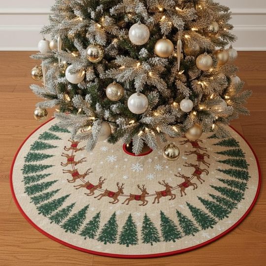 Evergreen Reindeer Tree Skirt, Rustic Burlap Look Winter Forest Holiday Decor, Round Xmas Mat