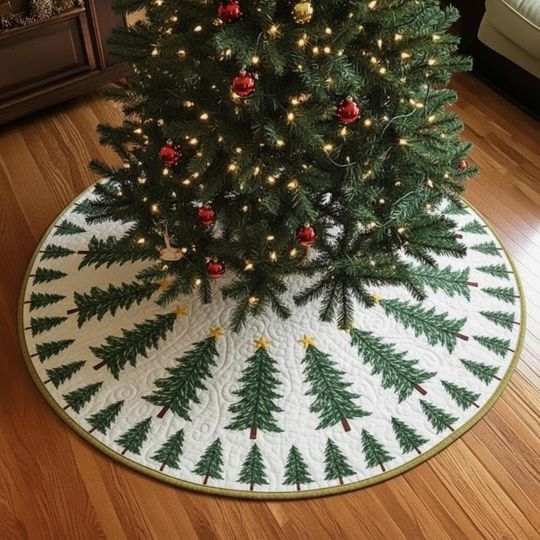 Winter Sapling March Tree Skirt, Green & White Quilted Xmas Decor, Scandinavian Forest Tree Pattern, Simple Natural Holiday Accent