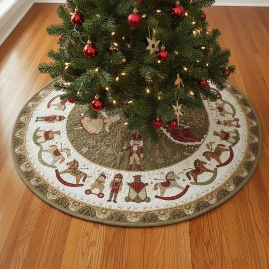 Discover Carved Wooden Toy Parade Tree Skirt, White Quilted Xmas Decor, Traditional Toy Soldier Design, Nostalgic Christmas Decoration