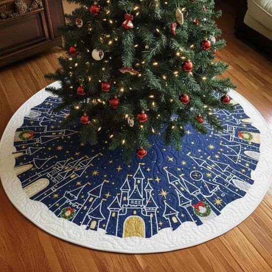 Discover Mouse Ear Castle Holiday Tree Skirt, White Quilted Xmas Decor, Magical Winter Castle & Fireworks, Princess Christmas Decoration