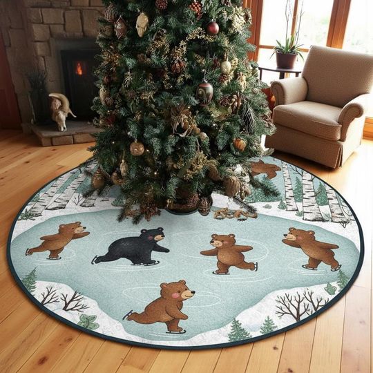 Discover Woodland Bear Skating Pond Tree Skirt, Rustic Brown Quilted Xmas Decor, Forest Animal Winter Scene, Cozy Cabin Decoration