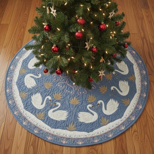 Discover Serene Swan Princess Tree Skirt, White Quilted Pink  Gold Xmas Decor, Elegant Ballet Fairy Tale Theme, Unique Holiday Gift