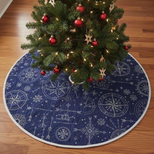 Discover The North Pole Compass Rose Tree Skirt, Red & White Quilted Xmas Decor, Nautical Star Navigation Design, Traditional Holiday Accent