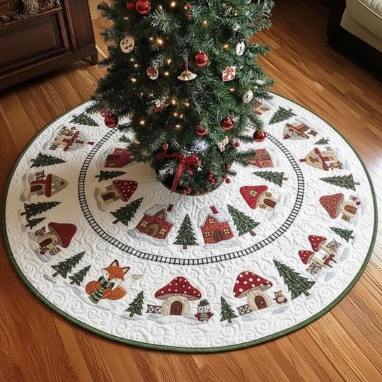 Discover Woodland Friends Express Tree Skirt, Brown Red Quilted Xmas Decor, Cute Forest Animal Train Scene, Cozy Cabin Holiday Gift