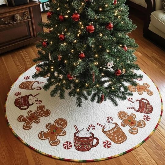 Discover Gingerbread Friends Bake Off Tree Skirt, Brown & White Quilted Xmas Decor, Cute Cookie  Candy Cane Theme, Festive Holiday Accent