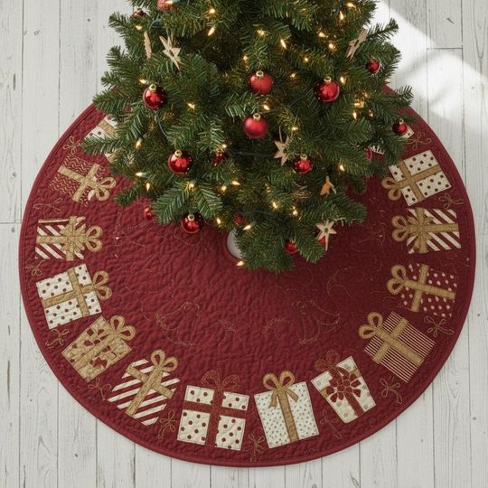 Discover Santa's Sack of Presents Tree Skirt, Red Quilted Xmas Decor, Gift Box and Ribbon Pattern, Traditional Holiday Home Decoration