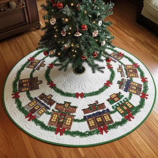 Discover Rustic Main Street Garland Tree Skirt, Cozy Red & White Quilted Xmas Decor, Christmas Town Houses Scene, Farmhouse Holiday Accent