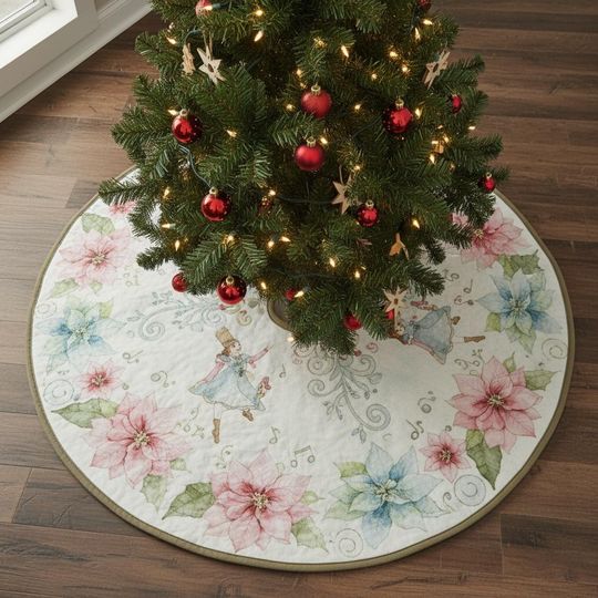 Discover Watercolor Waltz of Flowers Tree Skirt, Pastel Floral Quilted Xmas Decor, Elegant Nutcracker Inspired Design, Unique Holiday Accent