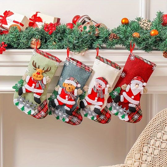 Christmas Stockings 4-Pack, 12-Inch Santa Snowman Reindeer Socks. Festive Home & Party Decor.