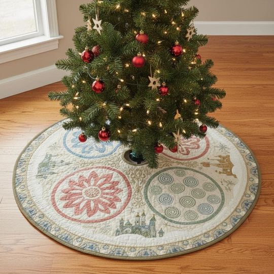 Discover A Journey Through Realms Tree Skirt, White Gold Quilted Xmas Decor, Magical Castle & Celestial Scene, Unique Holiday Decoration