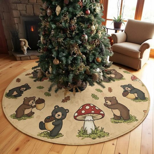 Discover Whimsical Forest Floor Play Tree Skirt, Green & Gold Quilted Xmas Decor, Cute Mice Toadstool Scene, Unique Holiday Decoration