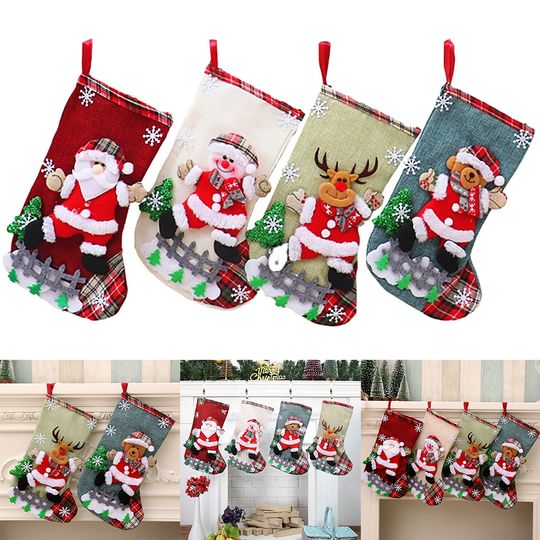 4Pcs Christmas Stockings Set Large Capacity Surprised Gift Bag Set Santa Claus/Snowman/Bear/Elk for Xmas Tree Fireplace
