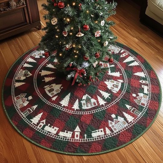 Discover Cozy Plaid Holiday Railway Tree Skirt, Red & Green Quilted Xmas Decor, Traditional Tartan Train Scene, Rustic Christmas Decoration