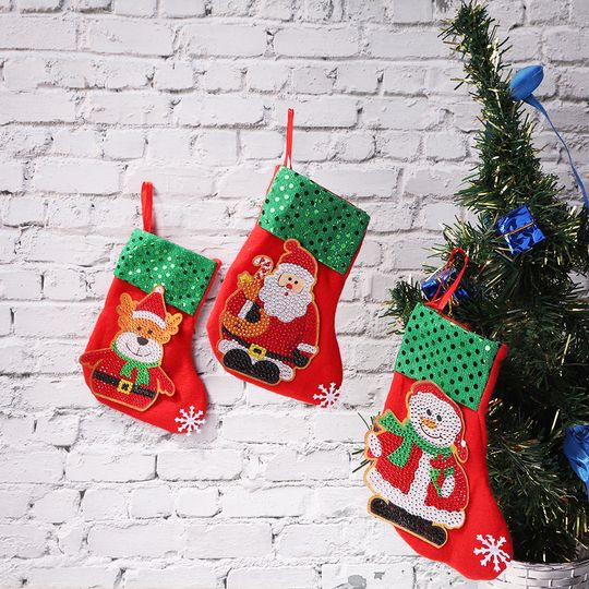3Pcs Christmas Stockings DIY Diamond Mosaic Craft Gifts Bag Xmas Tree Hanging Pendants New Year Holiday Ornaments