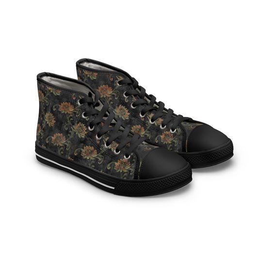 Grunge Floral High Top Sneakers, Women's Shoes, Fall Fashion, Black Sole Sneakers, Floral Print Sneakers