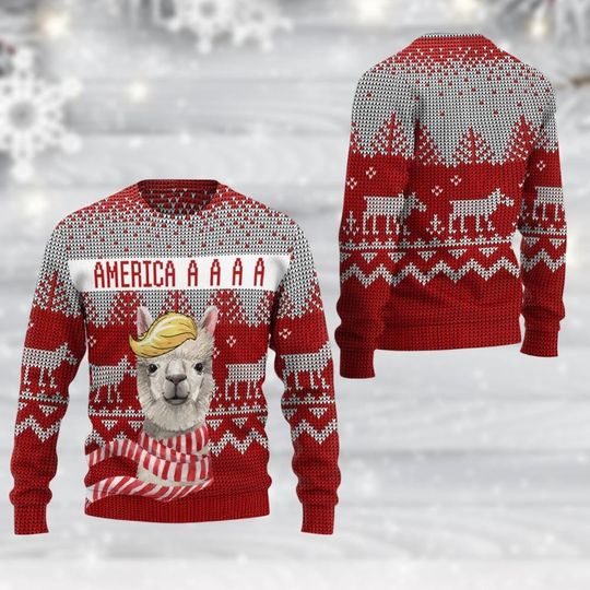 Alpaca Ugly Christmas Sweater, Men's Holiday Winter Sweater Patriotic America Sweater