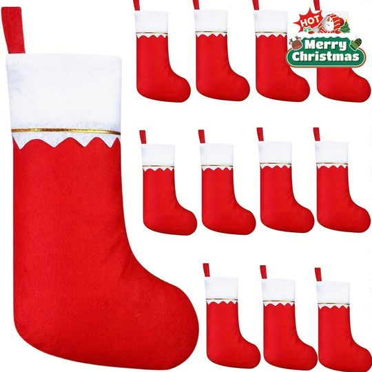 12 festive red Christmas stockings with Santa Claus and reindeer design - for holiday celebrations