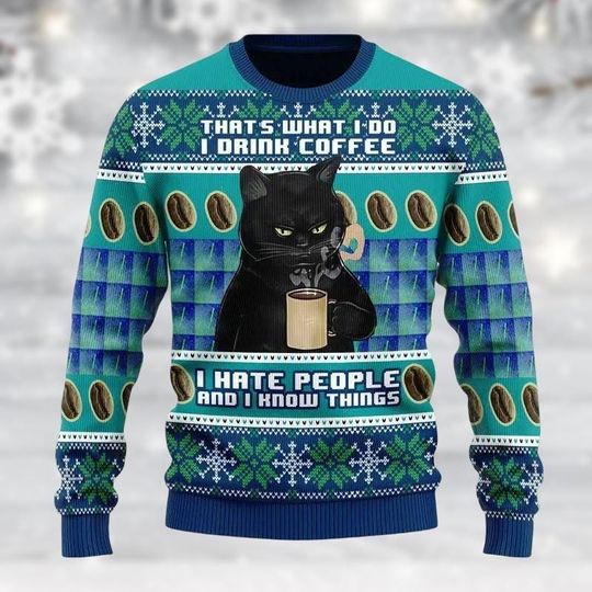 Coffee Cat Ugly Christmas Sweater, Black Cat Holiday Sweater Novelty Xmas Jumper
