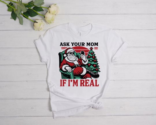Discover Ask Your Mom If I'm Real, Funny Sant Shirt, Funny Christmas Family Shirts, Family Christmas Shirts, Vintage Santa Shirt, Christmas Family
